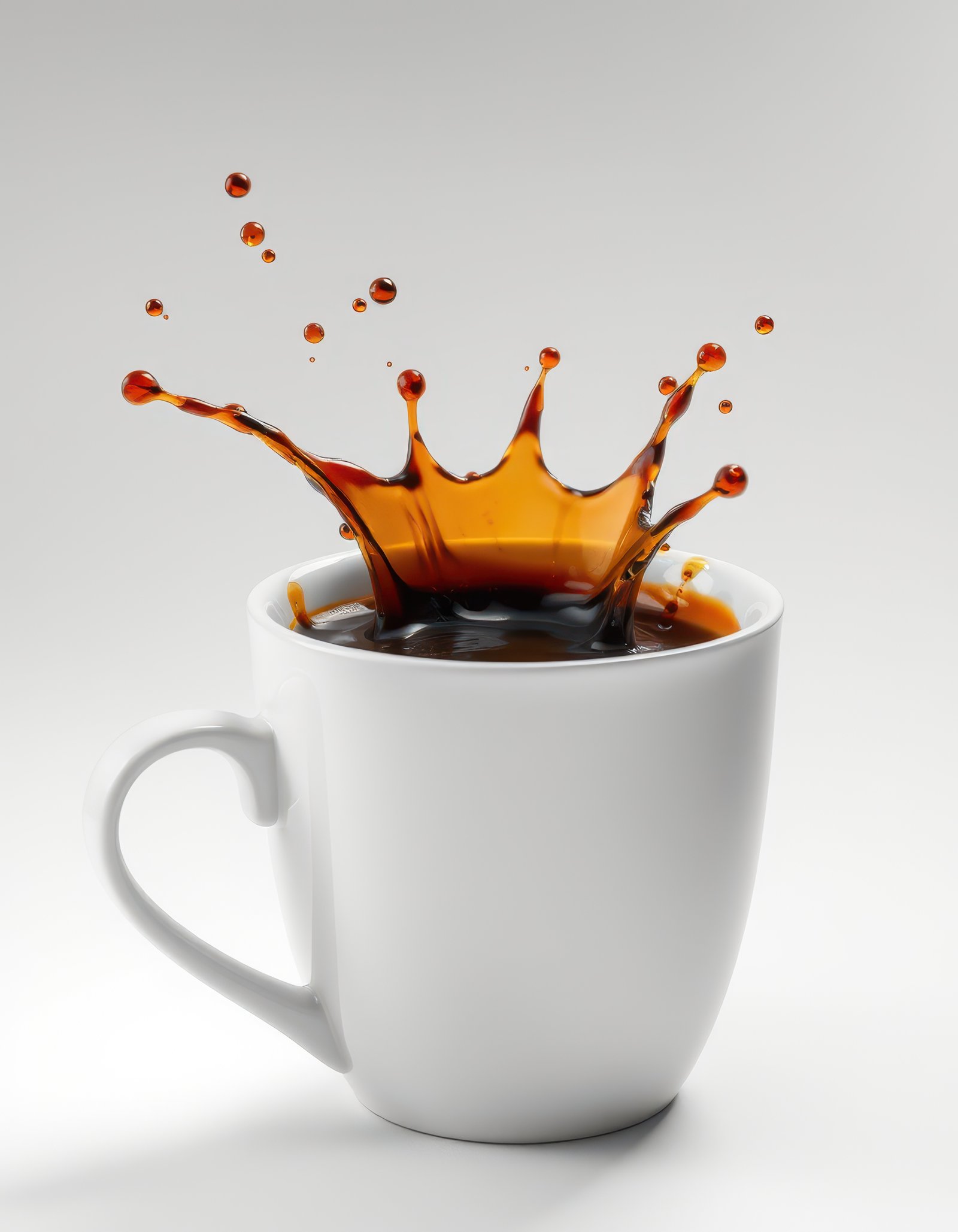 Coffee splash captured in a white mug against a plain background with droplets flying in the air